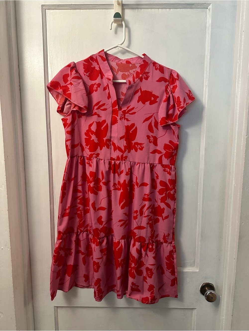 A Classy Chic Boutique Pink Dress with Red Floral Print